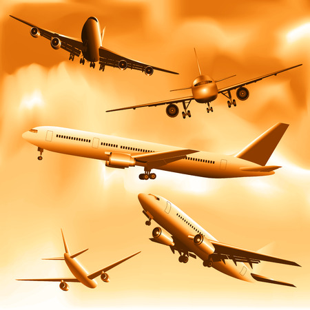 Silhouettes of flying planes isolated on sky. Vector illustrationのイラスト素材