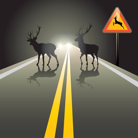 Road to horizon at night with deers. Vector illustrationのイラスト素材