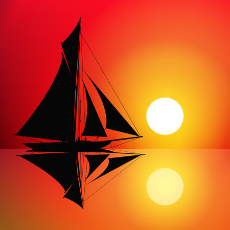 Sailboat on the ocean at sunset. Vector illustrationのイラスト素材