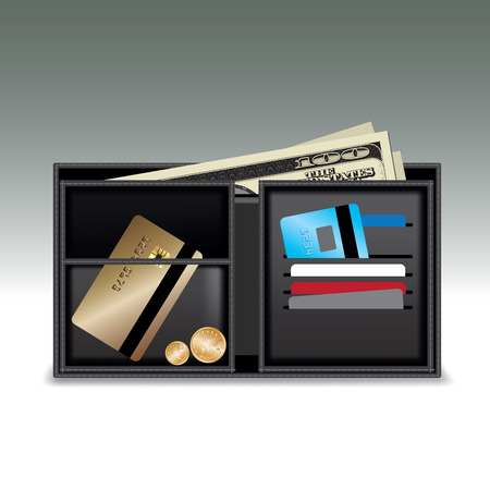 Black leather wallet with money and credit and discount cards. Vector illustrationのイラスト素材