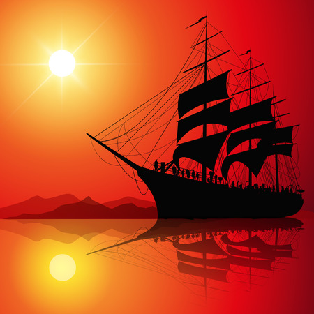 Sailing ship on the sea at sunset skyline. Vector illustrationのイラスト素材