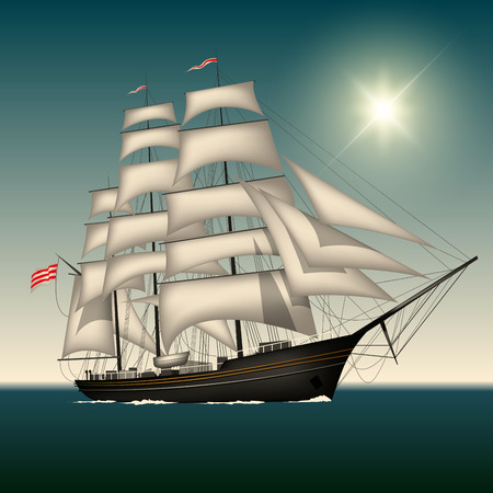 Sailing ship under full sail on the sea. Vector illustrationのイラスト素材