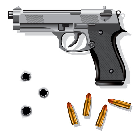Hand gun isolated on white background with bullets and bullet holes. Vector illustrationのイラスト素材