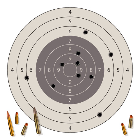 Target with bullet holes and bullets isolated on white. Vector illustrationのイラスト素材
