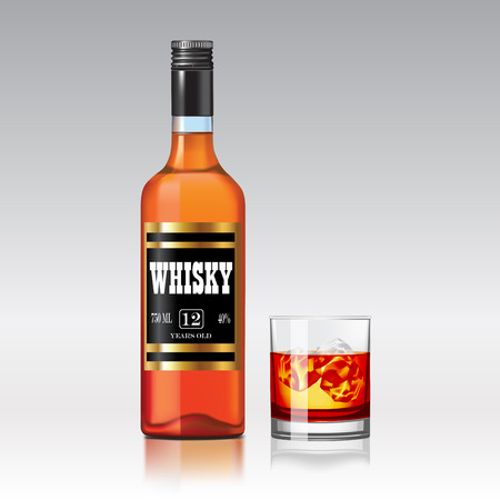 Bottle and glass of whisky with ice. Vector illustrationのイラスト素材