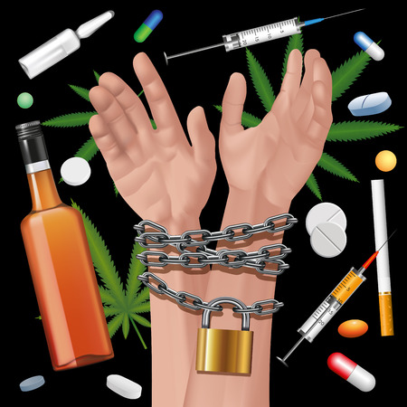 Hands tied a metal chain on a drugs background. Editable elements. Vector illustrationのイラスト素材