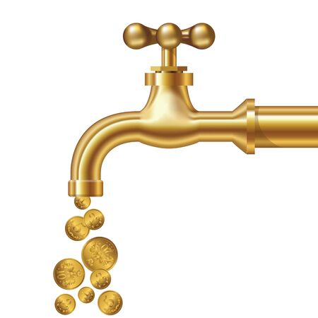 Golden coins fall out of the golden tap. Isolated on white. Vector illustrationのイラスト素材