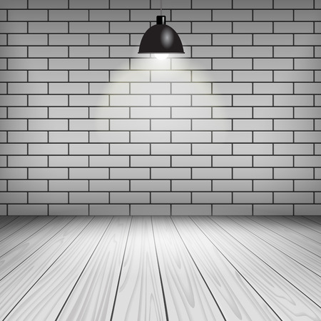 Room interior with white brick wall, ceiling lamp and wooden floor.のイラスト素材