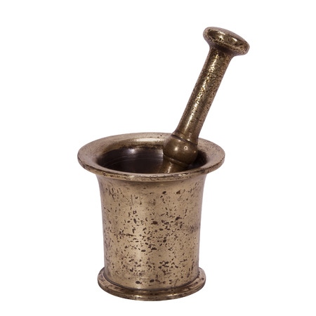 Old bronze mortar and pestle isolated on white backgroundの写真素材