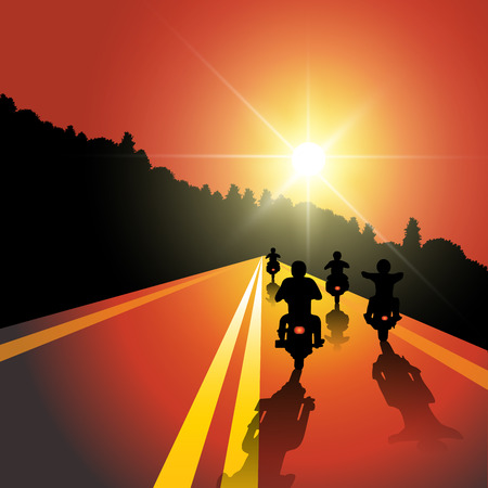 Group of bikers riding on sunset street. Vector illustration