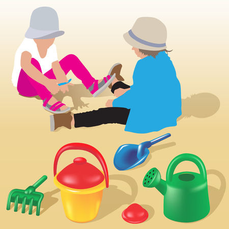 Little kids playing on a sand. Plastic toys. Vector illustrationのイラスト素材