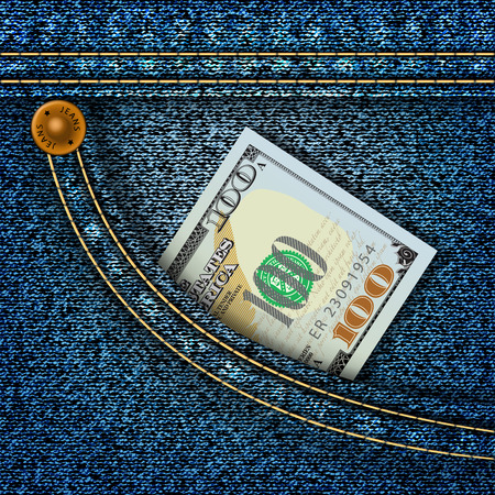 One hundred dollars in the pocket of blue jeans. Vector illustrationのイラスト素材