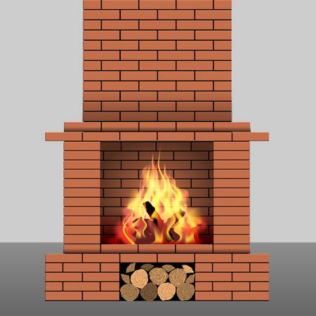 Brick fireplace with fire and firewood. Vector illustrationのイラスト素材