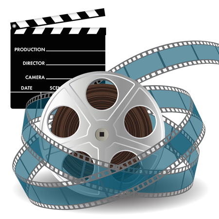 Movie clapper and film reel with film strip. Vector illustrationのイラスト素材