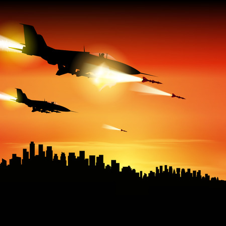 Military jets shooting at ground targets. Fighter jets fired a missiles. Vector illustrationのイラスト素材