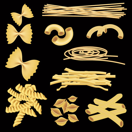Different types of italian pasta isolated on black. Vector illustrationのイラスト素材