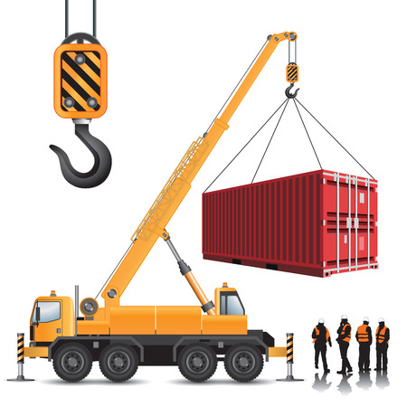 Mobile crane with container isolated on white. Vector illustrationのイラスト素材