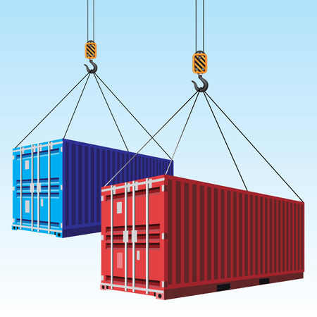 Cargo containers hoisted with hooks. Vector illustration