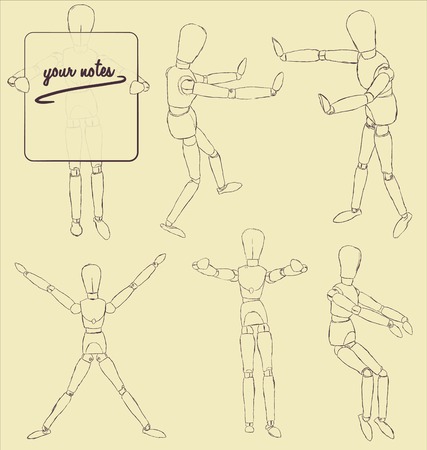 Set of  wooden model in various actionsのイラスト素材