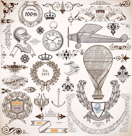 Vector. Set of retro elements: baroque frames, retro labels, transport,  nautical.のイラスト素材