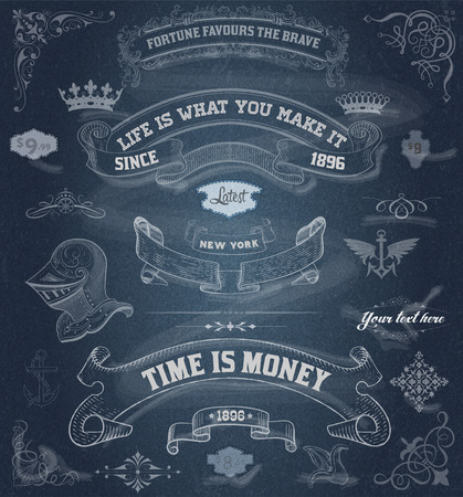 Set of calligraphic design elements: Heraldry, labels, baroque frames and floral ornaments collection. Chalk styleのイラスト素材