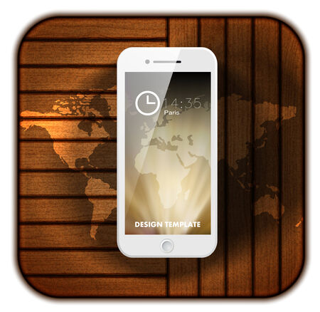 White Mobile Phone with Wood Background and World Map. のイラスト素材