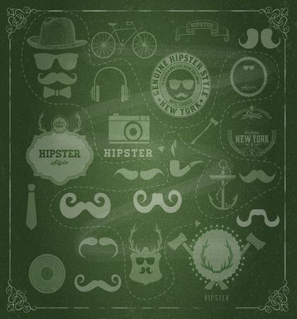 Vector  Hipster style design elements and icons set over black board  Sunglasses, mustache, bow, anchor, hat, camera, bike  Organized in layers のイラスト素材