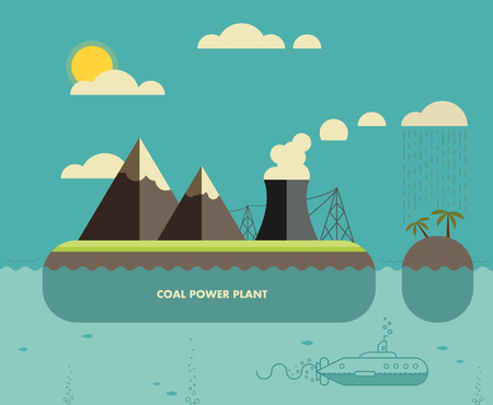 Ecology Concept. Environment, Green Energy and Nature Pollution Design. Coal power Plant and oil towers. Flat Style.のイラスト素材