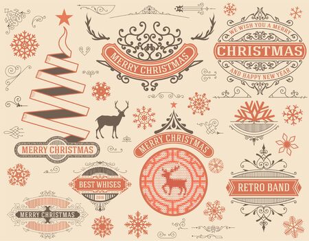 Christmas decoration design elements. Merry Christmas and happy holidays wishes. Vintage labels, frames, ornaments and ribbons.のイラスト素材