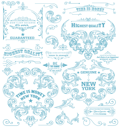 Set of retro elements: baroque frames, retro labels. Chalk styleのイラスト素材