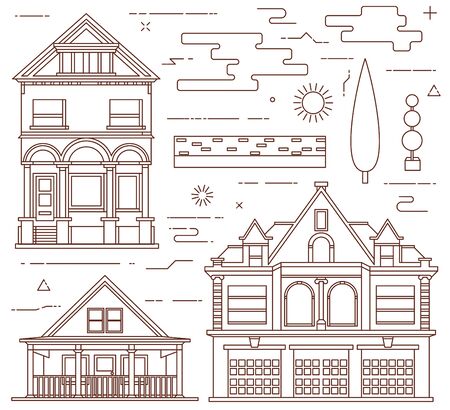 Flat illustration set. Urban and village elements.のイラスト素材