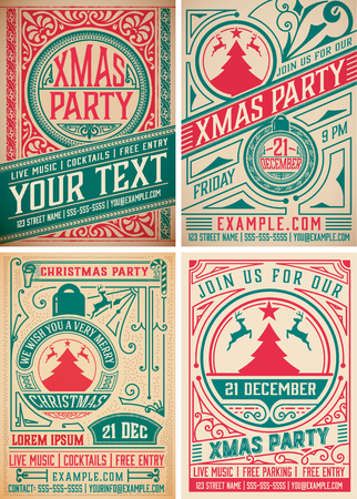 4 Retro Christmas party invitations. Holidays flyer or poster design. Vector Layered.のイラスト素材