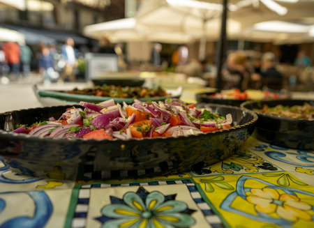 Colorful salad featuring vegetables on a lively market tableの写真素材