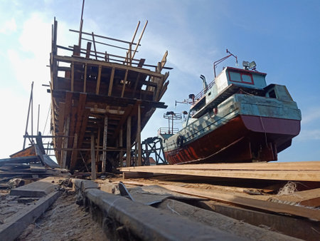 Low angle view of the stern of a wooden fishing boat building in the shipyard. Marine industry in...