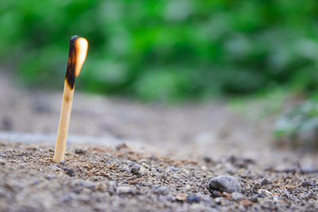 Matchstick flame fire in garden on landの写真素材