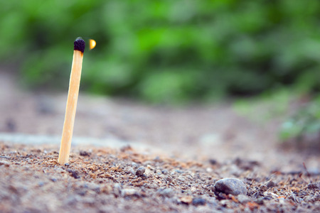 Matchstick flame fire in garden on landの写真素材