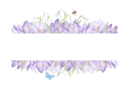 Snowdrops and purple crocuses horizontal frame. Watercolor floral banner with butterfly and bumblebee. Elegant springtime background for greeting card and printing design.の写真素材