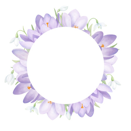 Snowdrops and crocuses round frame isolated on white. Purple and white spring flowers with green leaves. Hand drawn composition in watercolor style with space for text for wedding invitations and greeting cards.の写真素材