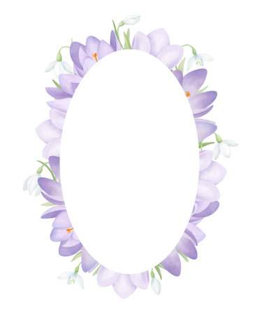 Snowdrops and crocuses oval frame isolated on white. Purple and white spring flowers with green leaves composition. Watercolor clipart for wedding invitations and greeting cards.の写真素材