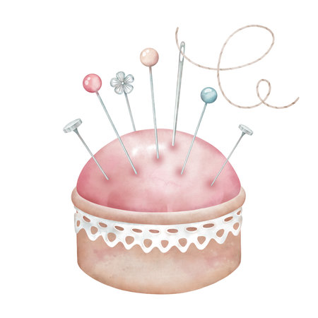 Pincushion with needles and straight pins. Tailor accessory for needlework isolated on white. Clipart in watercolor style.の写真素材