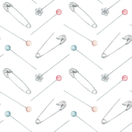 Needles and pins seamless pattern. Red and blue straight pins, silver safety pins, sewing accessories in watercolor style. Watercolor illustration for fabric, wallpaper, fashion, decoration.の写真素材