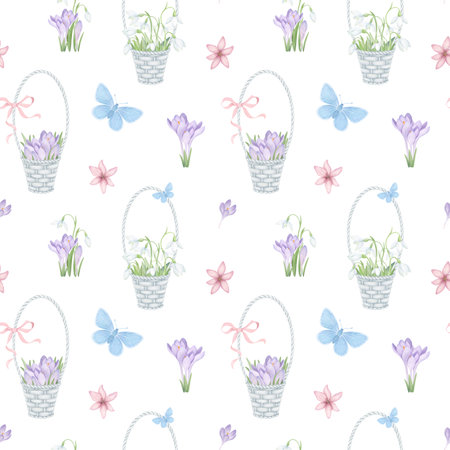 Wicker basket, crocuses and snowdrops seamless pattern. Spring backgroung in watercolor style. Hand painted illustration for fabric, wallpaper, fashion, decoration.の写真素材