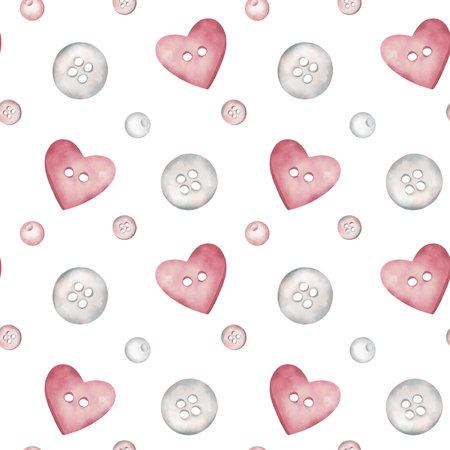 Cute buttons seamless pattern. Red and white buttons and beads, sewing accessories in watercolor style. Hand painted illustration for fabric, wallpaper, fashion, decoration.の写真素材