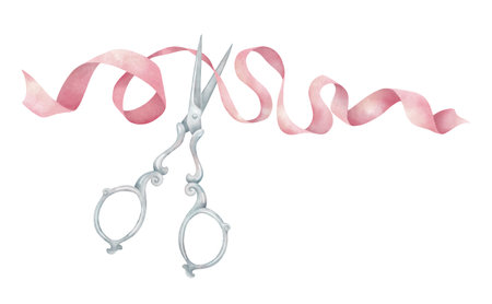Scissors cutting ribbon on white background. Watercolor illustration of sewing supplies in retro style.の写真素材