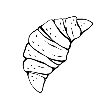 Vector croissant in doodle line art style. Hand drawn black and white outline illustration of fresh pastry on white background. Clipart for cafeのイラスト素材