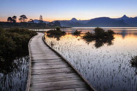 Landscape photo of a boardwalk around Pauanui Waterways, Coromandel Peninsula, New Zealandの写真素材