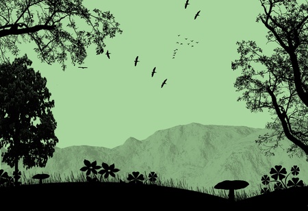 Summer landscape with trees and mountains, vector illustrationのイラスト素材