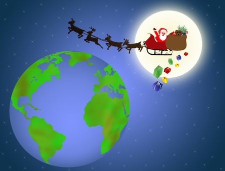 Background with santa flying over earth, vector illustrationのイラスト素材