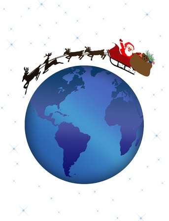 Santa and reindeer flying over earth globe, vector illustrationのイラスト素材
