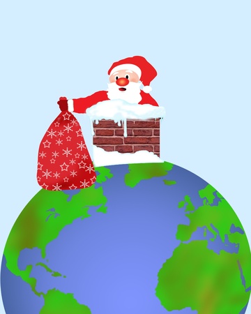 Santa Claus stepping into a earth chimney with his sack, vector illustrationのイラスト素材